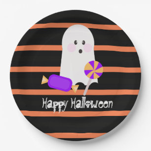 Assiettes En Carton Joli fantôme Halloween bandes orange noir