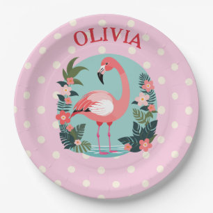 Assiettes En Carton Joli flamant rose floral à pois de dessin animé