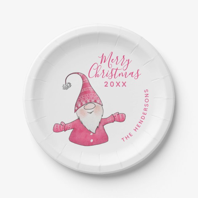 Assiettes En Carton Joli Gnome blanc et rose Personnalisé Joyeux Noël (Devant)