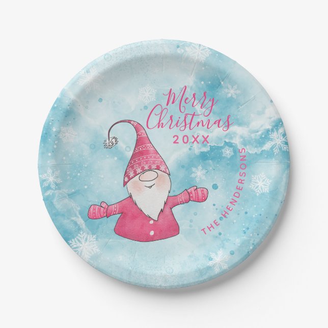 Assiettes En Carton Joli Gnome rose et bleu Personnalisé Joyeux Noël (Devant)