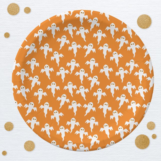 Assiettes En Carton Joli Halloween Ghost Orange (Fun ghost pattern orange paper plates for Halloween)