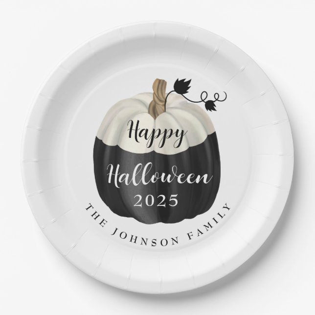 Assiettes En Carton Joli Halloween noir et blanc Citrouille 2022 (Devant)