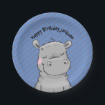 Assiettes En Carton Joli Hippo Anniversaire<br><div class="desc">Jolie illustration hippo et texte réglable. Peut être changé pour dire "baby shower" etc. Arrière - plan rayé bleu.</div>