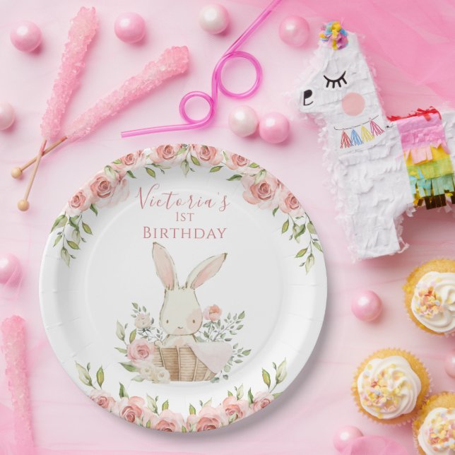 Assiettes En Carton Joli Lapin Rose 1 Un Premier Anniversaire (Fête)