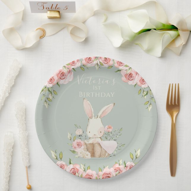 Assiettes En Carton Joli Lapin Rose 1 Un Premier Anniversaire Vert (Mariage)