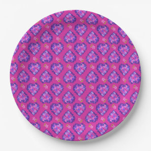 Assiettes En Carton Joli Magenta Coeurs et Fleurs Plaque de Papier