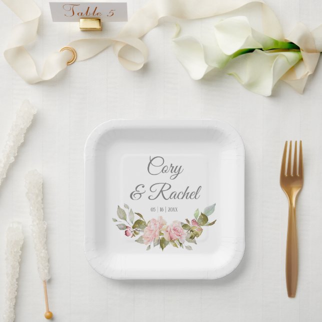 Assiettes En Carton Joli Mariage de Bouquet Roses Rose (Mariage)
