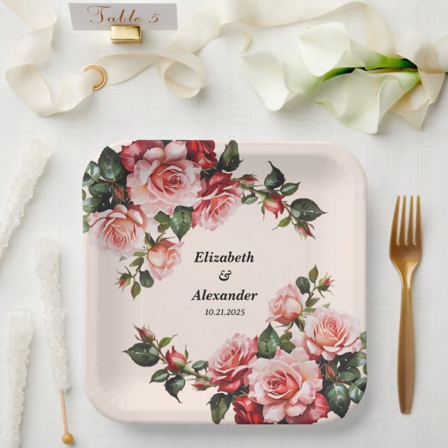 Assiettes En Carton Joli mariage rose et rouge roses (Mariage)