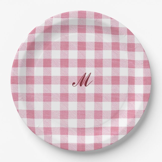 Assiettes En Carton Joli monogramme à carreaux gingham rose pour fille (Devant)