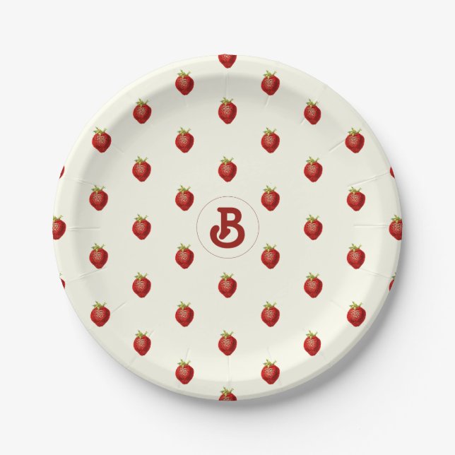 Assiettes En Carton Joli Monogramme de Fraise Rouge et Blanc pour Fill (Devant)