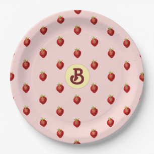 Assiettes En Carton Joli monogramme rose fraise pour fille