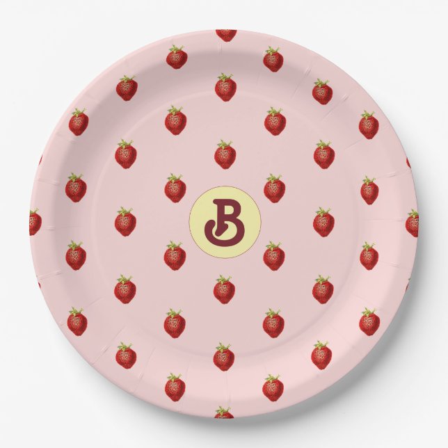 Assiettes En Carton Joli monogramme rose fraise pour fille (Devant)