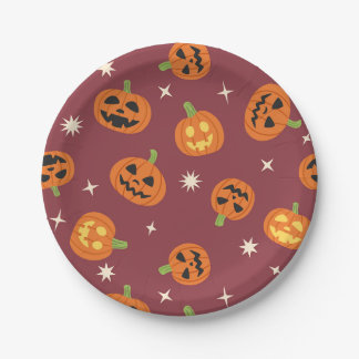 Assiettes En Carton Joli motif de citrouille Halloween rouge foncé