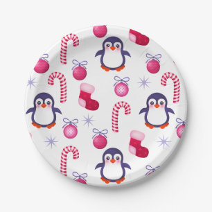 Assiettes En Carton Joli Motif de Noël rose et blanc avec des pingouin