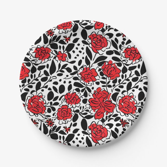Assiettes En Carton Joli motif floral en rouge, noir et blanc (Devant)