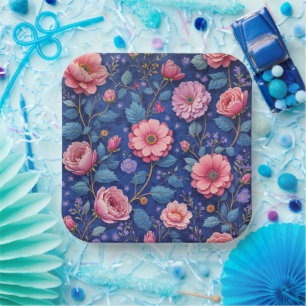 Assiettes En Carton Joli motif floral rose et bleu