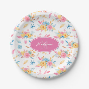 Assiettes En Carton Joli motif floral rose monogrammé