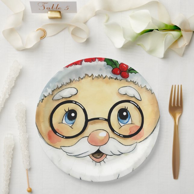 Assiettes En Carton Joli Noël Aquarelle Père Noël Face (Mariage)