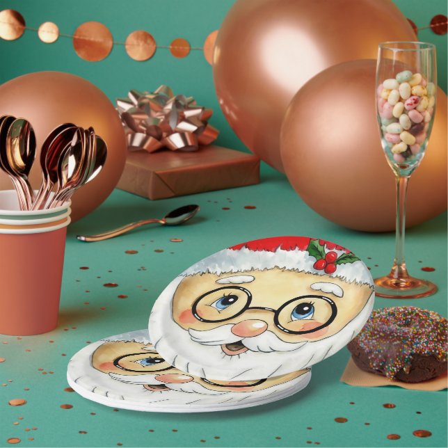Assiettes En Carton Joli Noël Aquarelle Père Noël Face (Multi)