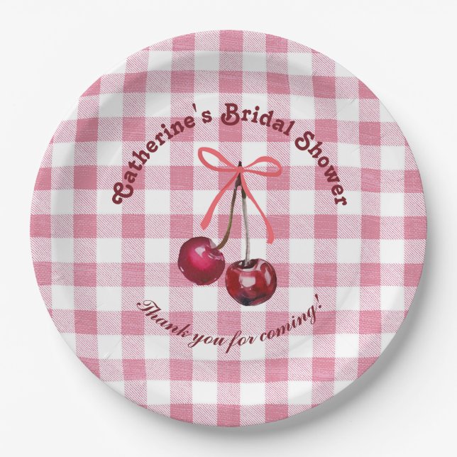 Assiettes En Carton Joli Nœud Fille Cerise Rose Gingham Carreau Nom (Devant)