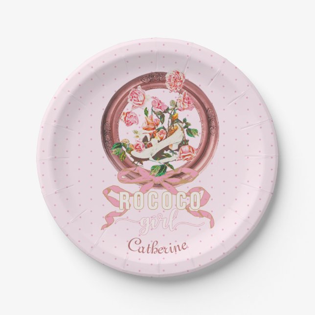 Assiettes En Carton Joli Nom Rose Rococo Chaussure Fille Rose Ruban (Devant)