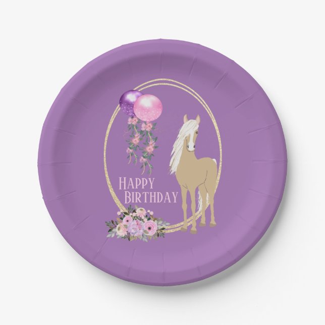 Assiettes En Carton Joli Palomino rose violet Fleurs Cheval Anniversai (Devant)
