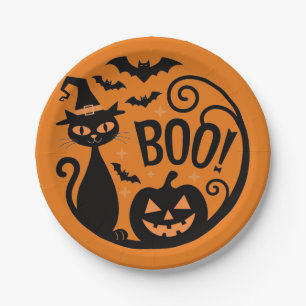 Assiettes En Carton Joli papier de fête d'Halloween avec chat noir et