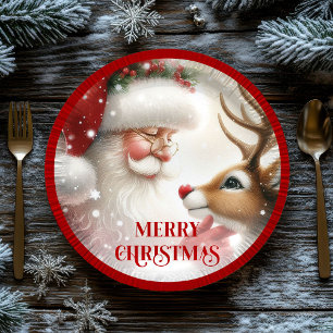 Assiettes En Carton Joli Père Noël et Rudolph Papier de fête amusant