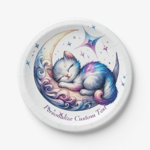 Assiettes En Carton Joli petit chaton endormi sur la lune
