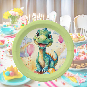 Assiettes En Carton Joli petit dinosaure avec beaucoup de ballons colo