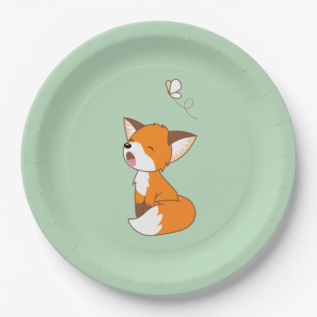 Assiettes En Carton Joli petit renard doré sur vert (Devant)