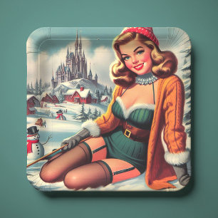Assiettes En Carton Joli Pin-up Rétro d'Hiver