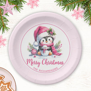 Assiettes En Carton Joli Pingouin rose Personnalisé Joyeux Noël