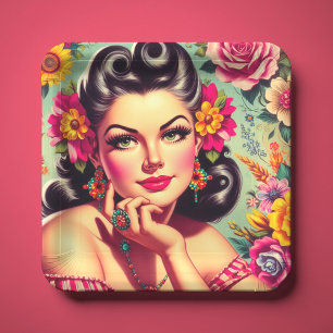 Assiettes En Carton Joli portrait pin-up floral rétro