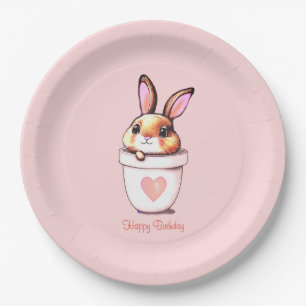 Assiettes En Carton Joli pot de plante de lapin d'anniversaire sur ros