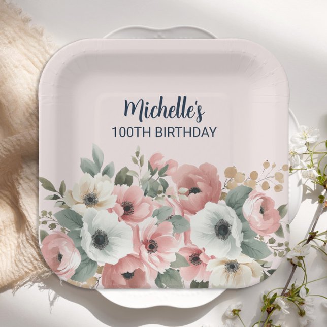 Assiettes En Carton Joli rose blanc floral 100e anniversaire (Elegant pink and white watercolor floral 100th birthday party paper plates)