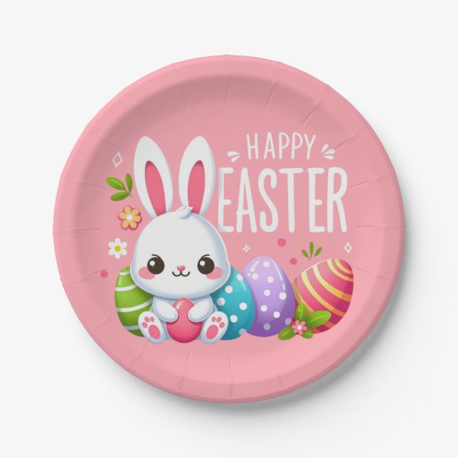 Assiettes En Carton Joli, rose et heureux lapin de Pâques (Devant)