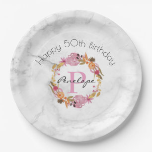 Assiettes En Carton Joli rose Floral Wreath Monogramme Anniversaire