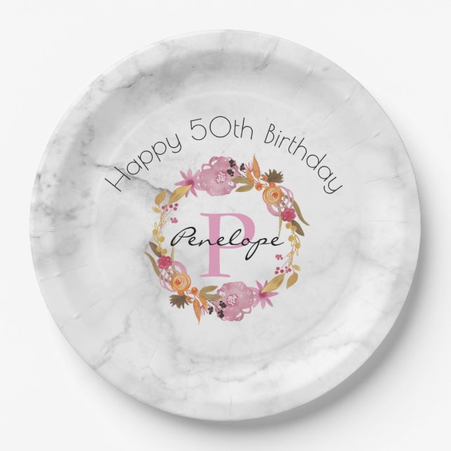 Assiettes En Carton Joli rose Floral Wreath Monogramme Anniversaire (Devant)
