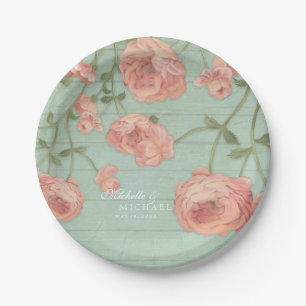 Assiettes En Carton Joli rose Peach Rose barrière en bois Vintage
