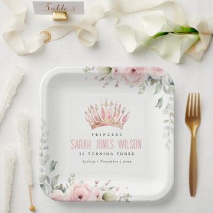 Assiettes En Carton Joli rose princesse Crown Tiara Floral Anniversair