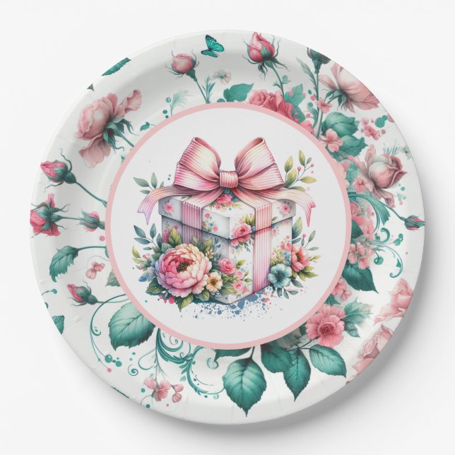 Assiettes En Carton Joli rose Shabby Chic Floral Anniversaire (Devant)