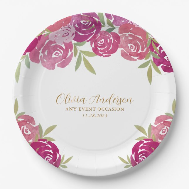 Assiettes En Carton Joli Roses d'aquarelle rose et violet Floral (Devant)