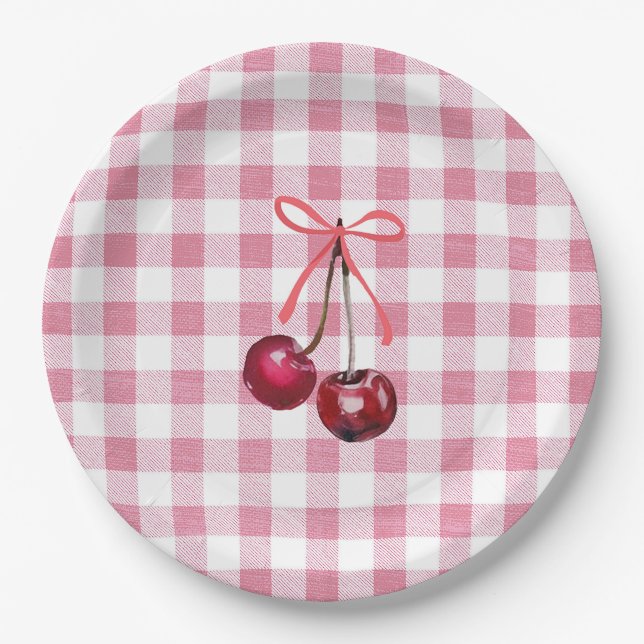 Assiettes En Carton Joli ruban girly Cerise rose Gingham carreaux  (Devant)