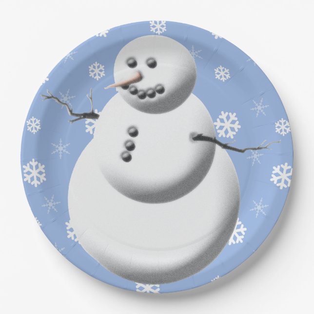 Assiettes En Carton Joli Snowman hiver Fêtes de neige Noël (Devant)