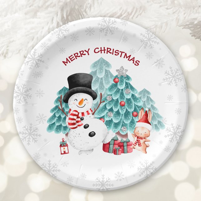 Assiettes En Carton Joli Snowman Noël Plaques papier de fête (Cute Happy Snowman Christmas Party Paper Plates)