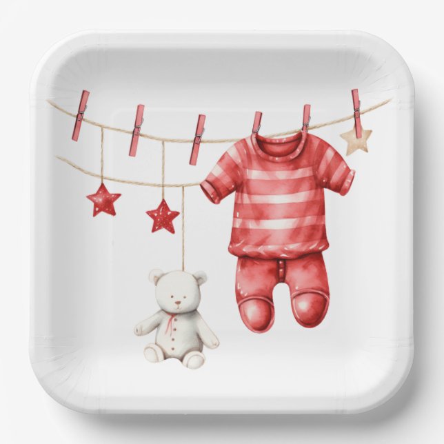Assiettes En Carton Joli Teddy Bear Cloche Baby shower rouge (Recto)