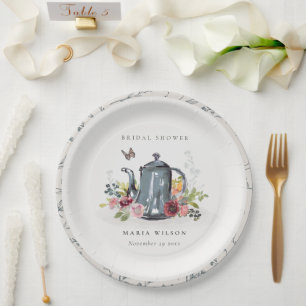 Assiettes En Carton Joli Théière Roses Florales Fête de Mariage Joyeus