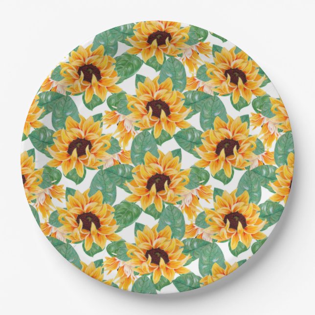 Assiettes En Carton Joli tournesol Jaune & Motif vert (Devant)
