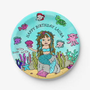 Assiettes En Carton Jolie Anniversaire Personnalisée Turquoise Sirène